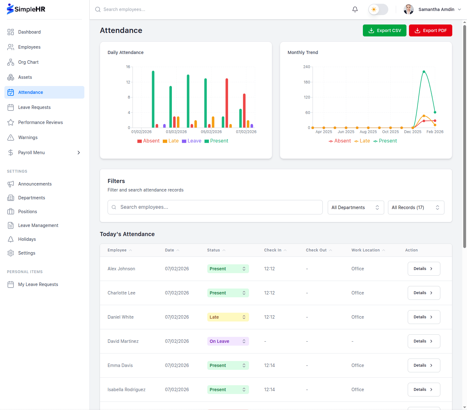 SimpleHR attendance dashboard showing employee check-in and attendance records