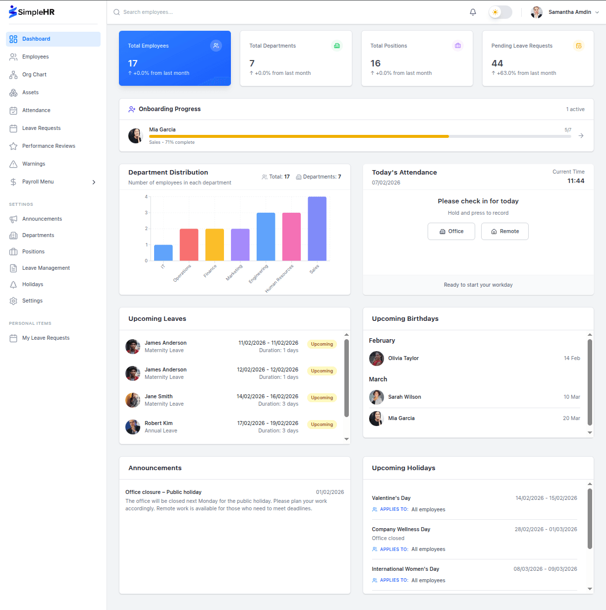 SimpleHR dashboard showing HR metrics and company activity