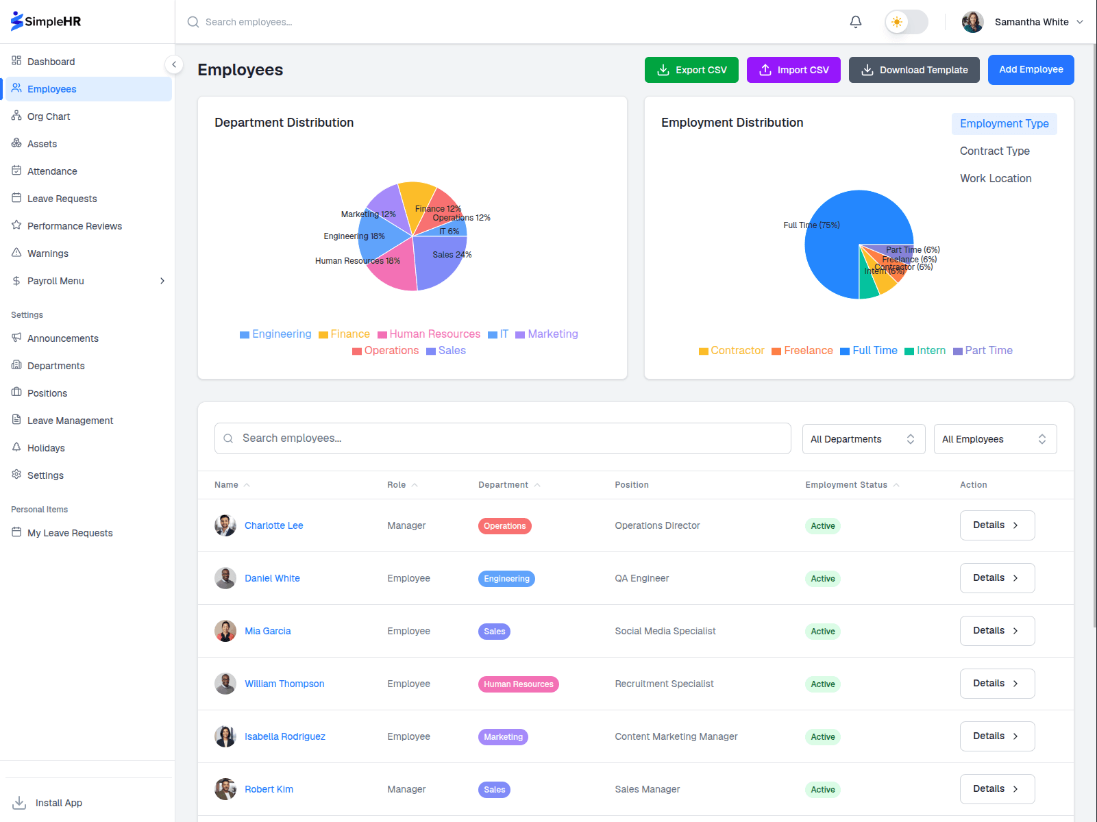 SimpleHR employee directory with search and filters