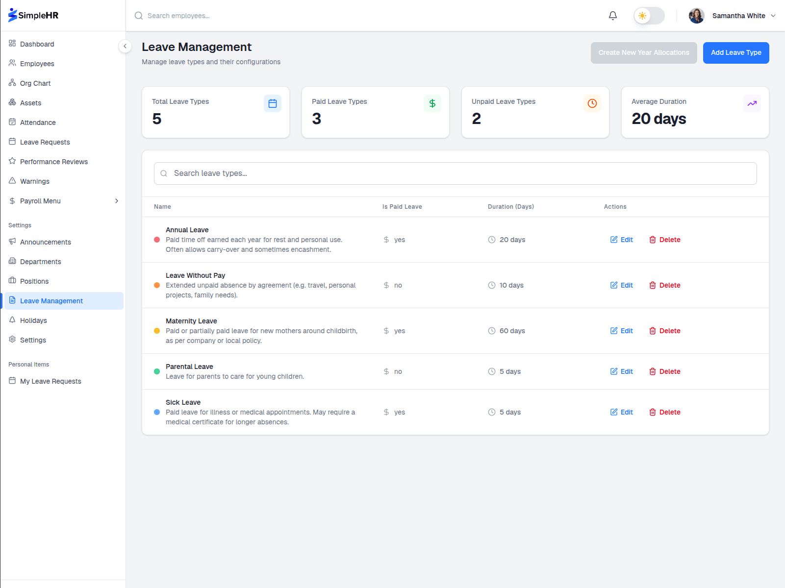 SimpleHR leave management with approval workflow