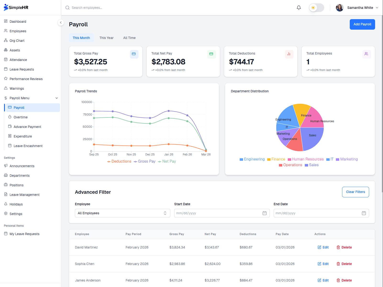 SimpleHR payroll processing and pay slip generation