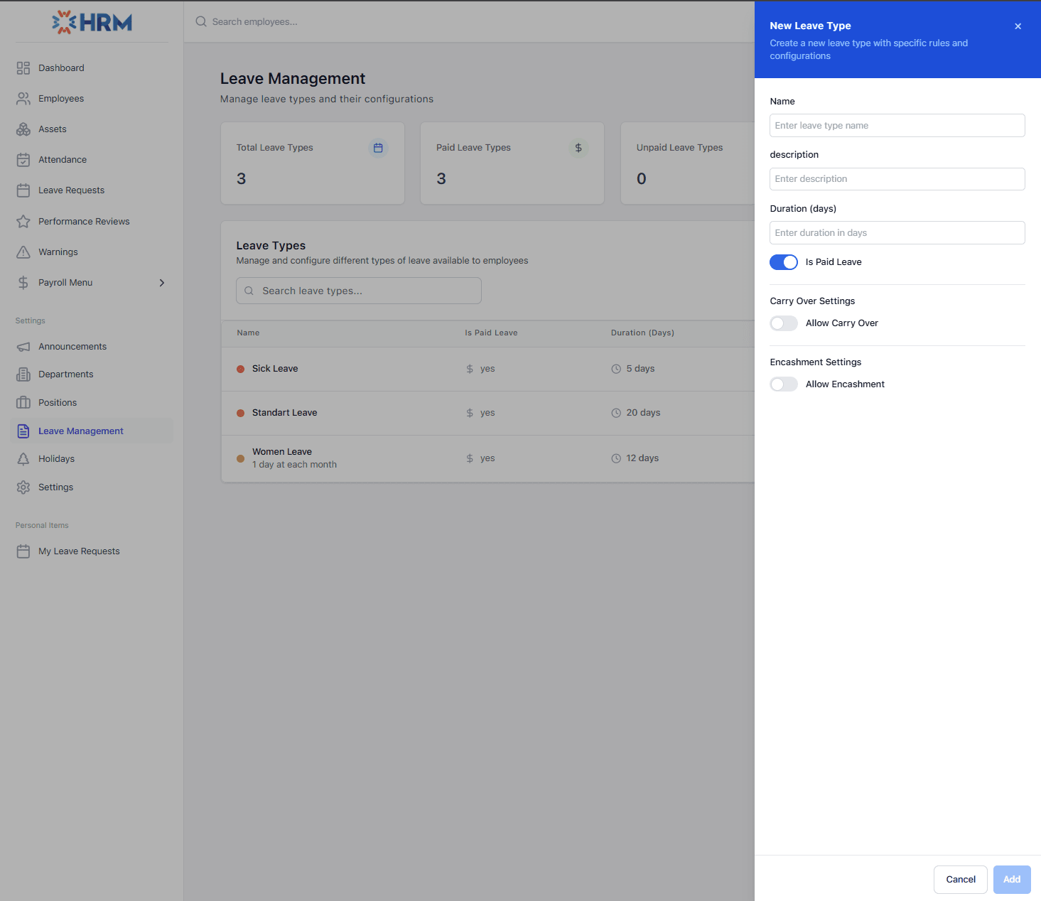 SimpleHR leave management dashboard with requests and employee balances