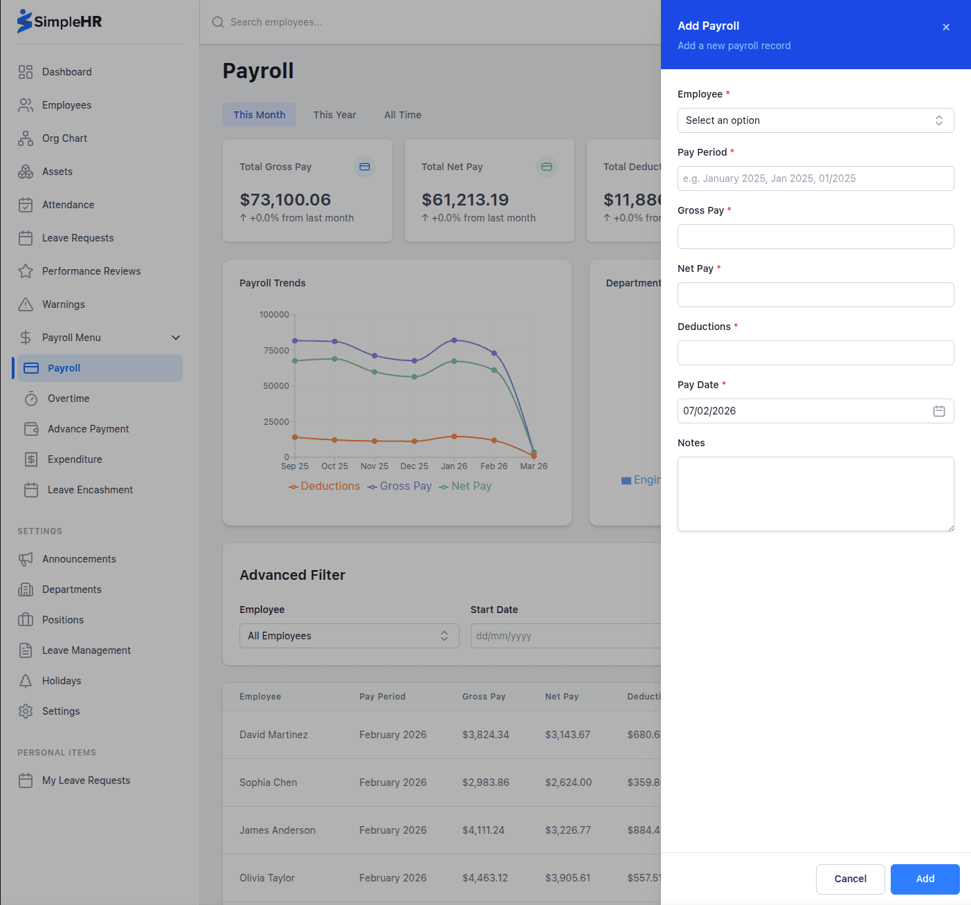 SimpleHR payroll screen showing payslips and compensation records