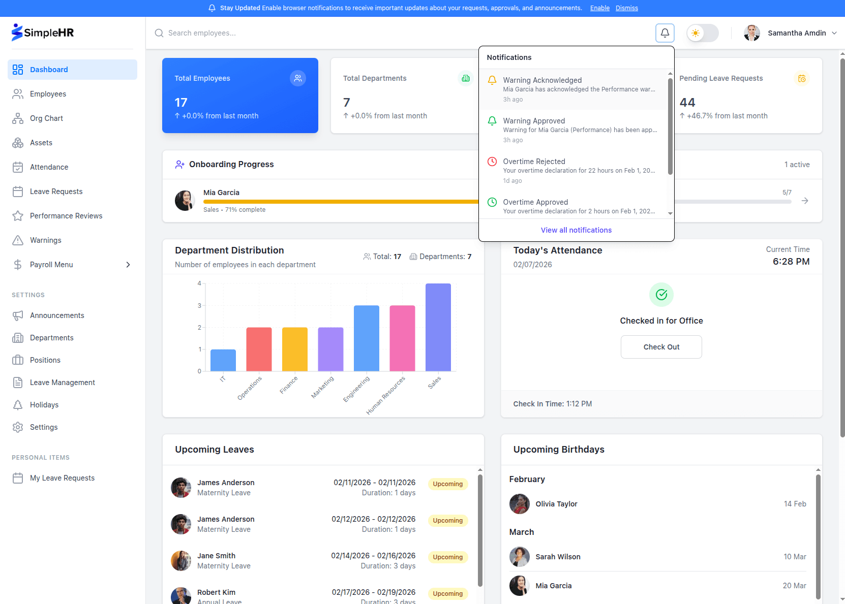 SimpleHR Dashboard - Light Mode