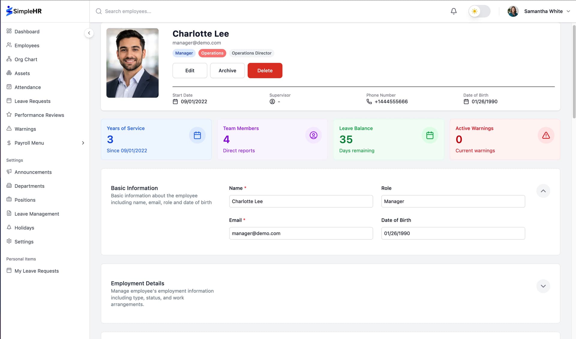 SimpleHR employee profile — complete employee records in one place