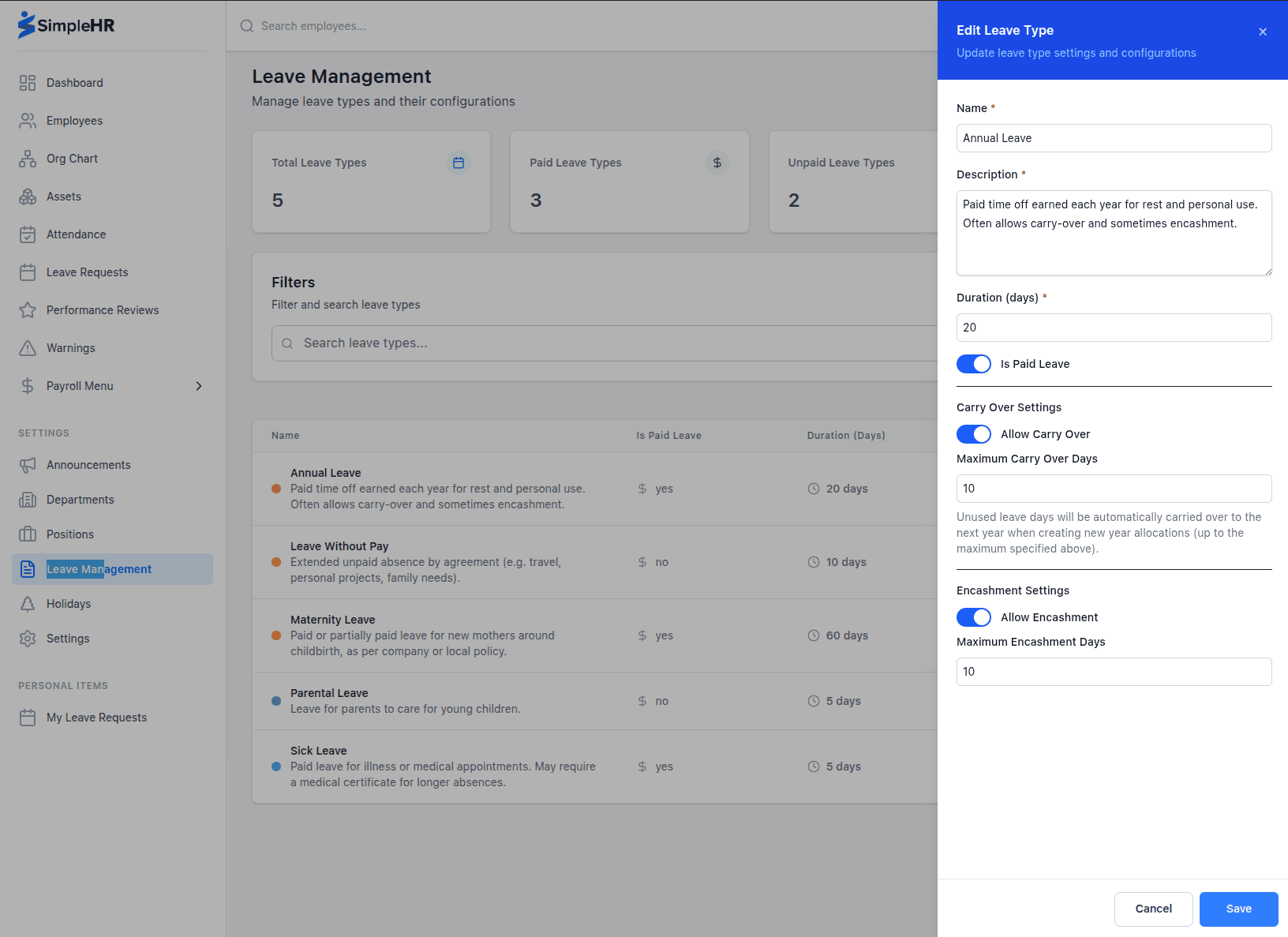SimpleHR leave management with approval workflow
